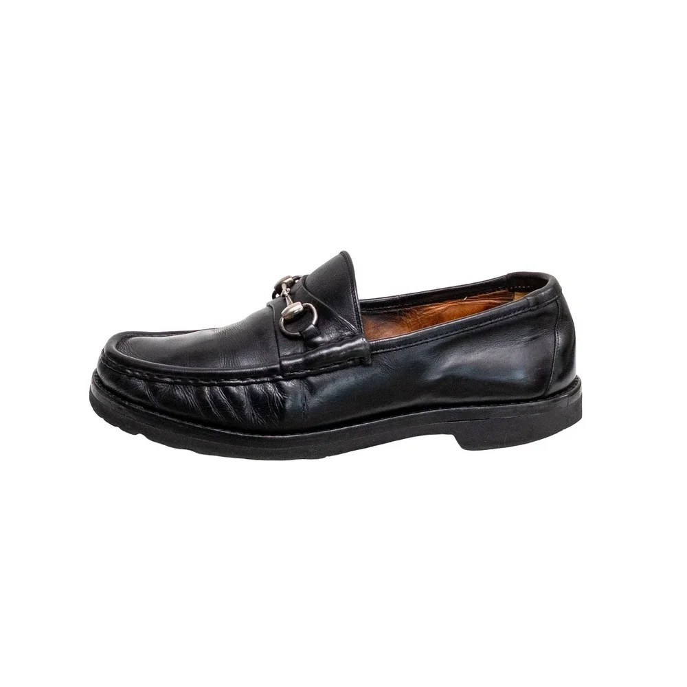 Vntg Gucci Black Leather Horsebit Loafers Vibram Gumlite Lug Sole Mens 10